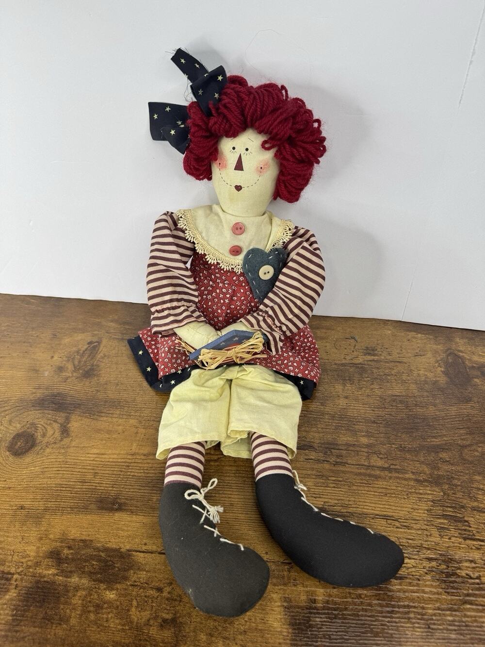 Vintage 1999 Springford Primitive Folk Art Rag Doll Red Yarn Hair 20in